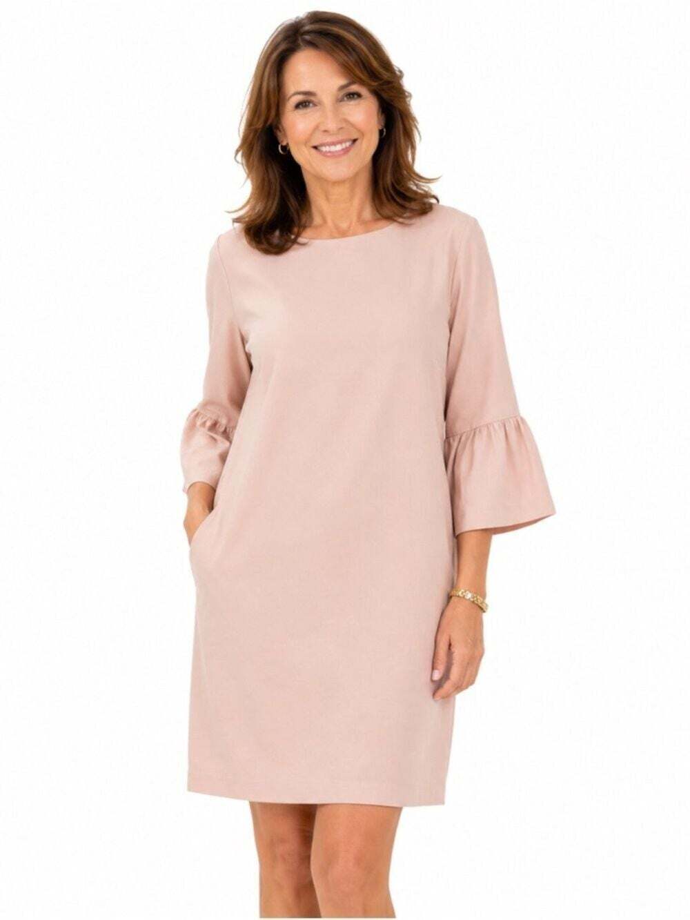 Esqualo Elegant Tan Shift Dress Women's Size 6 Ruffled Sleeve Party Chiccore